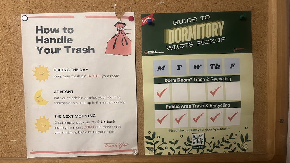 Two notices pinned to a corkboard. The first notice titled "How to Handle Your Trash" includes instructions for dorm residents: keep trash bins inside during the day, place them outside at night for morning pickup, and return them inside once emptied. The second notice, titled "Guide to Dormitory Waste Pickup," provides a weekly schedule for trash and recycling collection in both dorm rooms and public areas. A visual checklist marks collection from Monday and Thursday for dorm rooms and Monday to Friday for public areas. A QR code is at the bottom for more info.