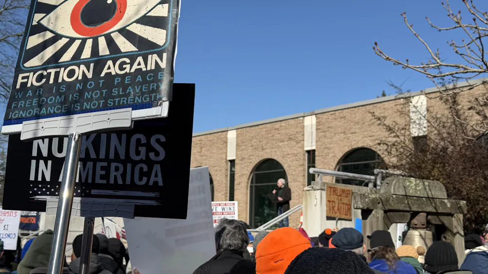 Protesters hold 'No Kings in America' signs.