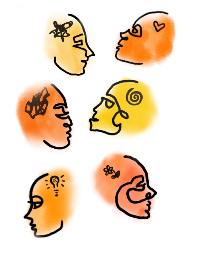 Orange and white shaded drawings of faces.