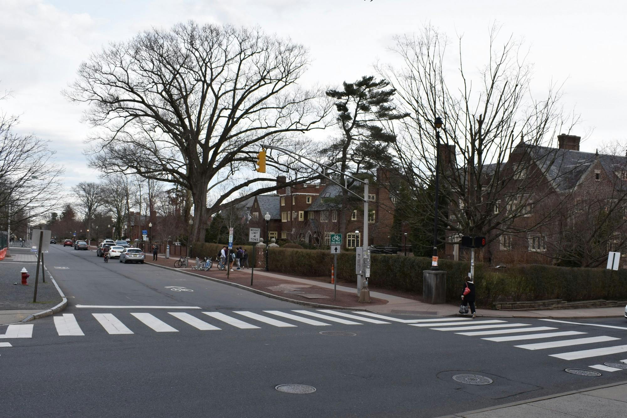 A street lined with red brick buildings, cars, and bare trees on a grey day, with a few people walking. 