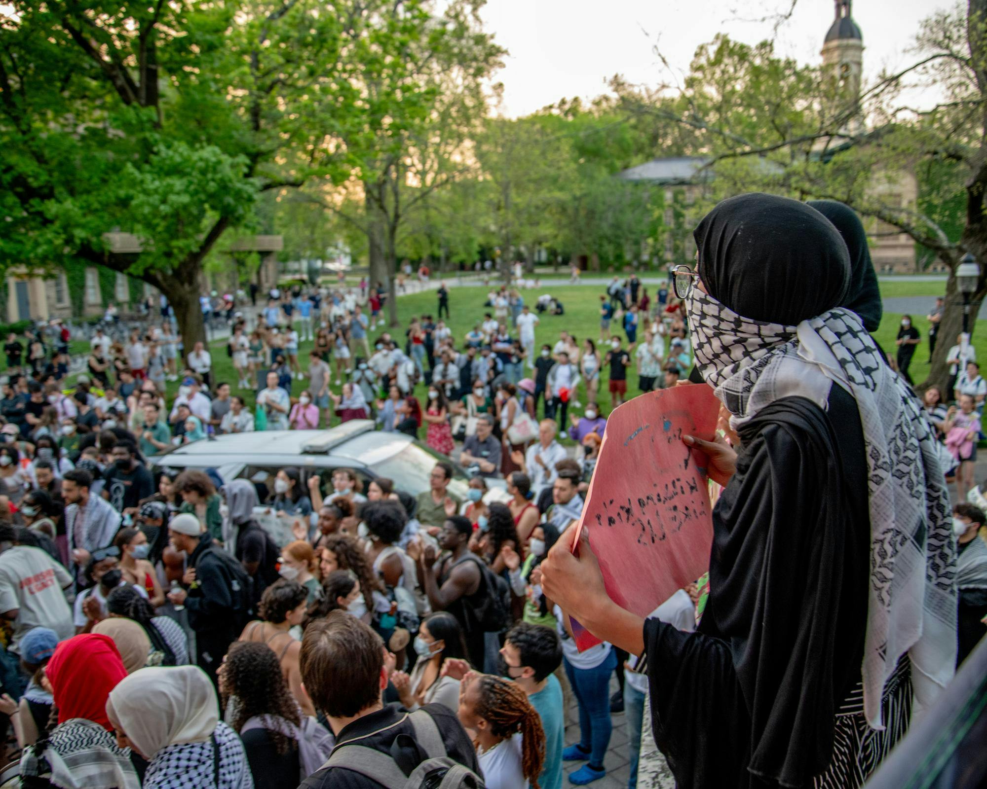 Crowd of people swarm near a grassy norm. An individual waring a keffiyeh stands in the foreground.