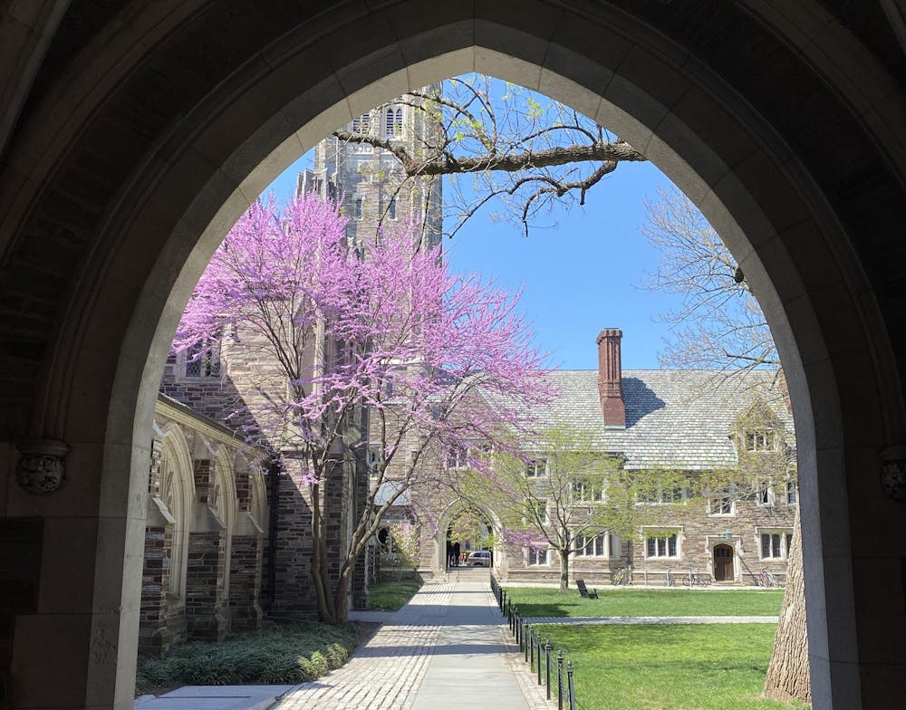 An archway overlooks a courtyard with tress. 