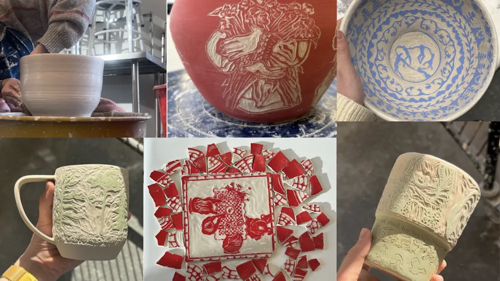 A collection of multicolored ceramic works.