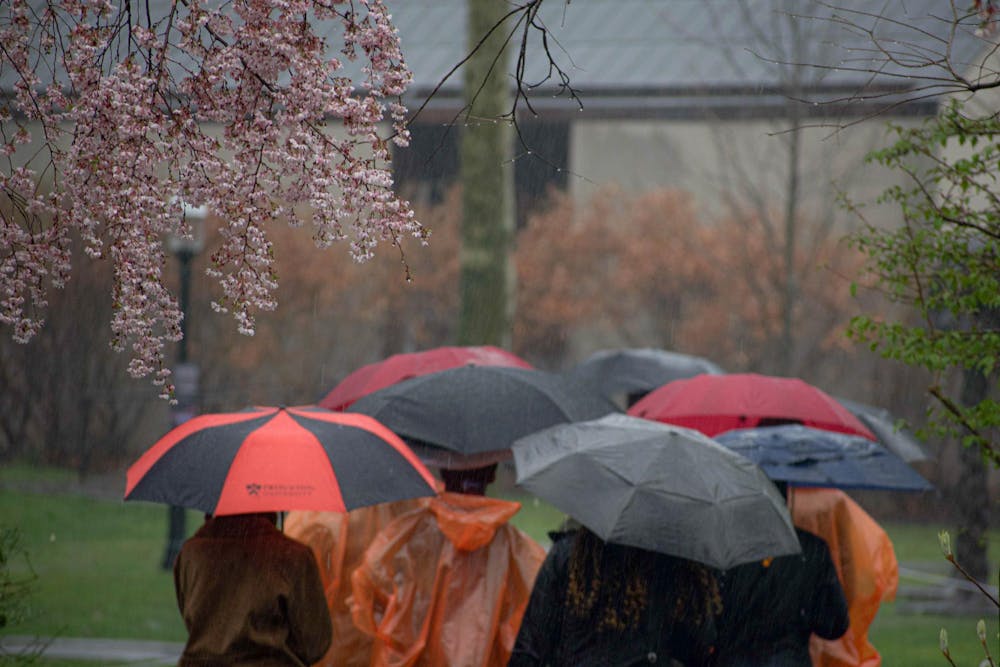 <h6>Veena Krishnaraj / The Daily Princetonian</h6><h5>Tourists and students make their way across campus amid the rain.</h5>