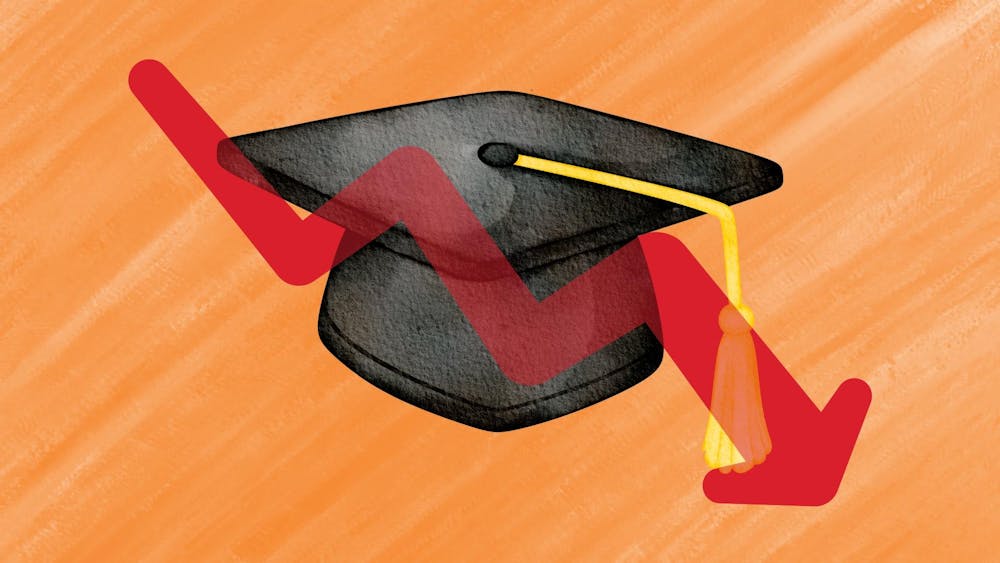 An illustration of a graduation cap with a downward arrow. 