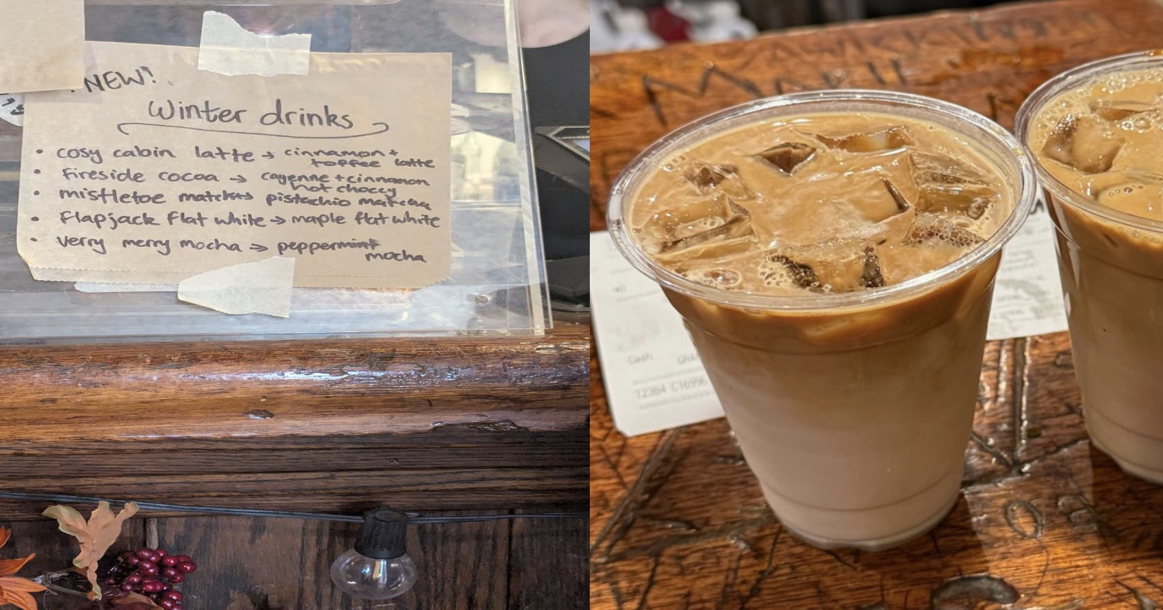 A beige paper-bag is a taped on a glass mirror. It has black sharpie writing on it that lists the winter drinks. The image next to it is a light brown iced latte in a transparent cup on a brown wood table.