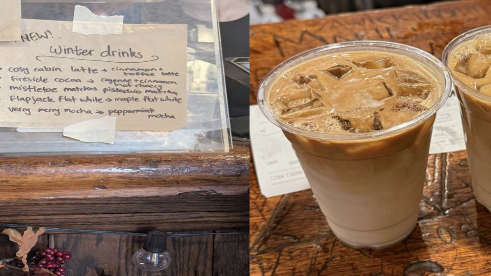 A beige paper-bag is a taped on a glass mirror. It has black sharpie writing on it that lists the winter drinks. The image next to it is a light brown iced latte in a transparent cup on a brown wood table.