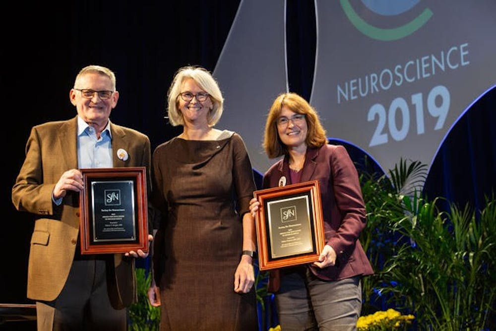<p>From left to right: Robert Knight, co-recipient of the award from Berkeley, Cal.; Diane Lipscombe, the President of the Society for Neuroscience; and University psychology professor Sabine Kastner, co-recipient of the award.</p>
<p><br></p>
<h6>Photo Courtesy of Sabine Kastner</h6>