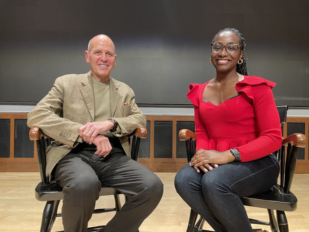 <h5>Robert Chavez, President and CEO of Hermès seated with event moderator Elizabeth Poku ’23, after seminar hosted by Business Today.</h5>
<h6>Rebecca Cunningham / Daily Princetonian</h6>