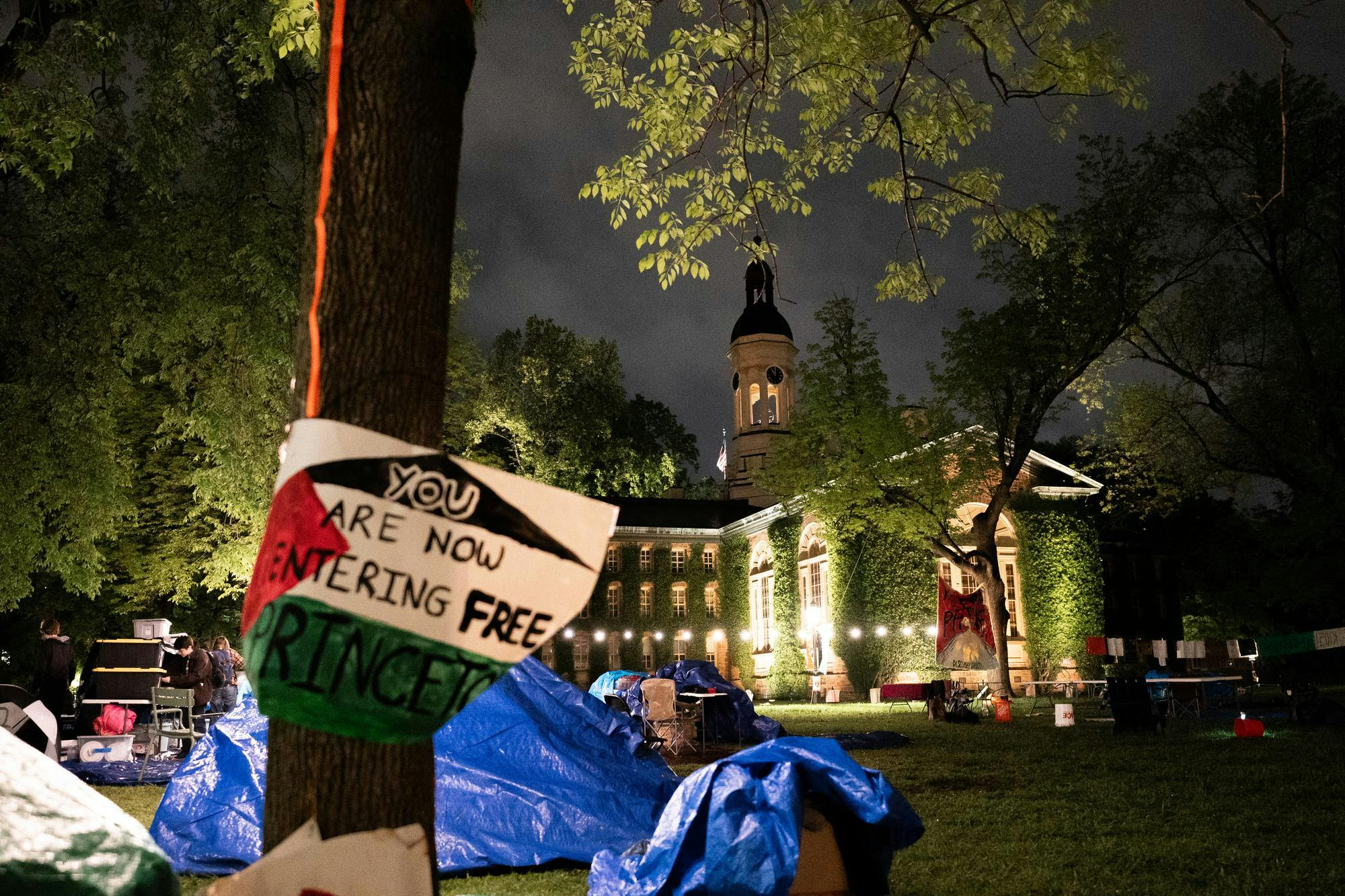 Blue tarps in the rain on a dark lawn in front of a building illuminated at night.