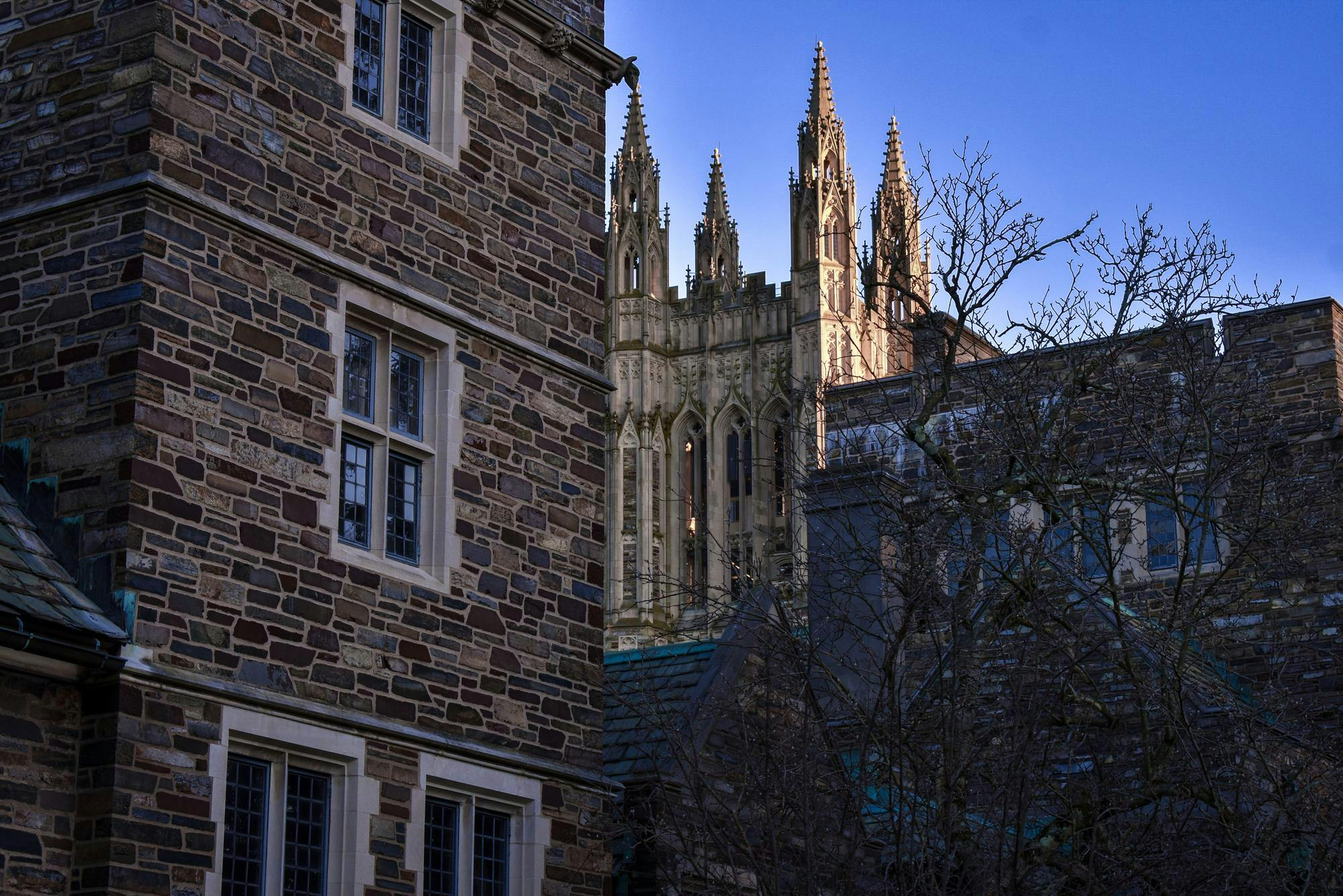Gothic, stone building in the shade with illuminated gothic tower in the background.