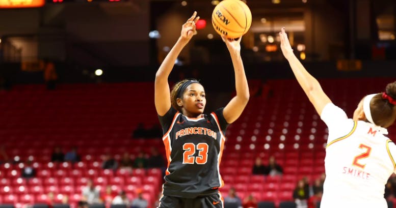 Princeton women's basketball player shooting.