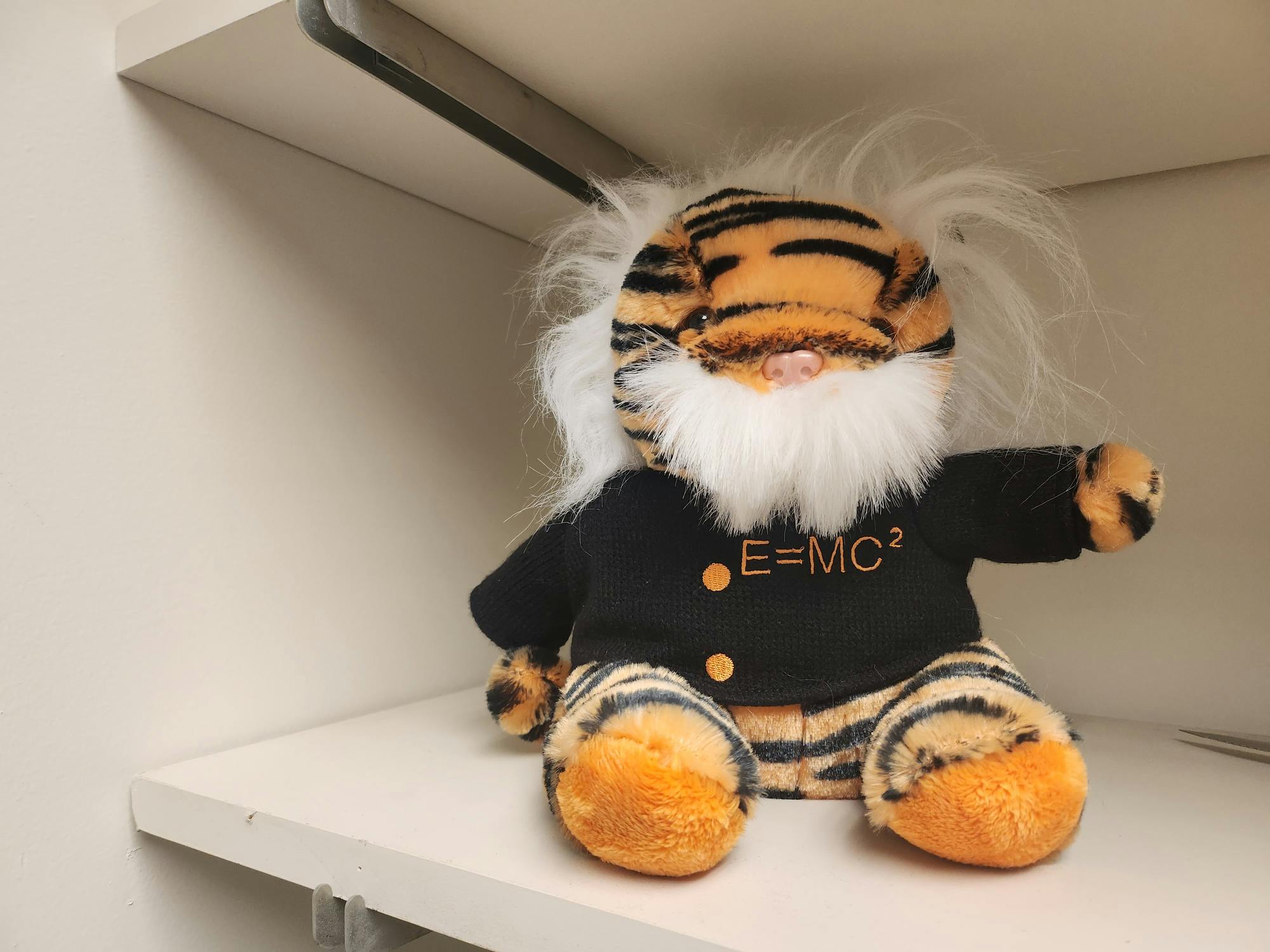 orange stuffed animal with white hair and a black sweater