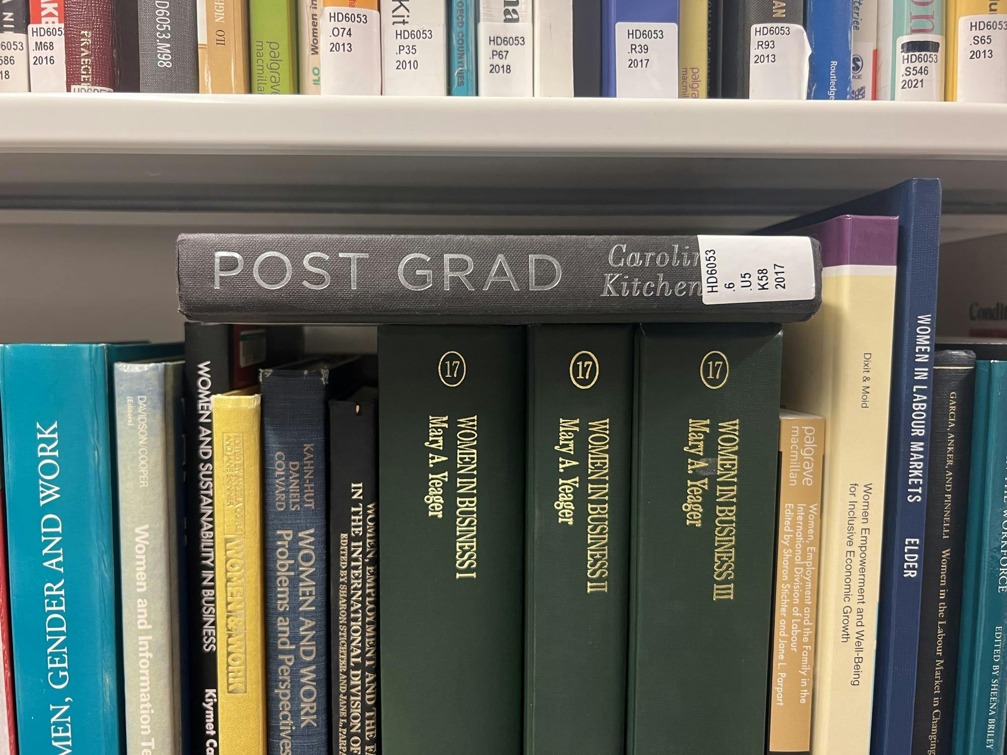 A black hardcover book with the title Post Grad, and the words Caroline Kitchener partially obscured by a library sticker, lying horizontally on top of a shelf of other books. 