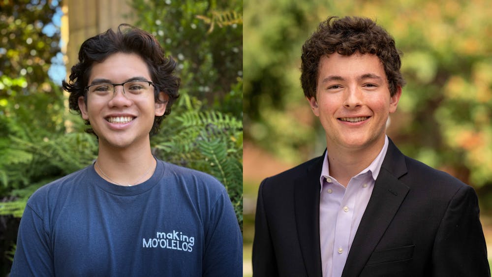 A split-screen photo of two smiling young men. The one on the left is wearing a blue shirt and the one on the right is wearing a suit.