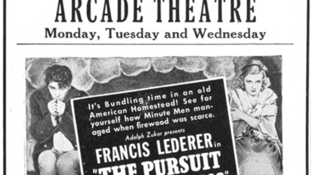 A black and white advertisement for the showing of "The Pursuit of Happiness" at the Arcade Theater. An image of two people from the 1930s shivering behind a black square of text.