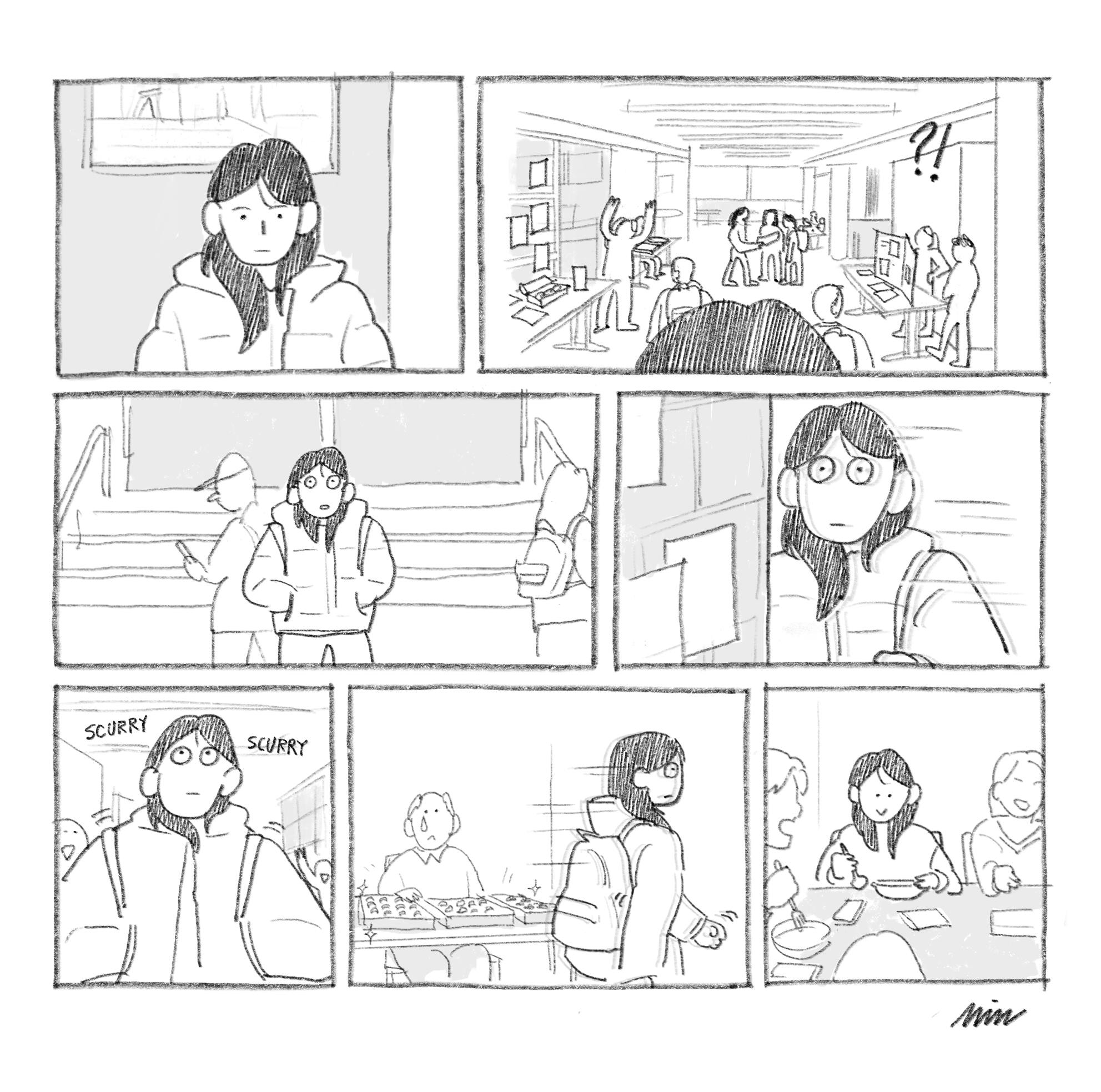 Student is surprised to see bustling Frist Campus Center full of groups tabling for various events. She scurries as quickly as possible to avoid them and eats with her friends. 