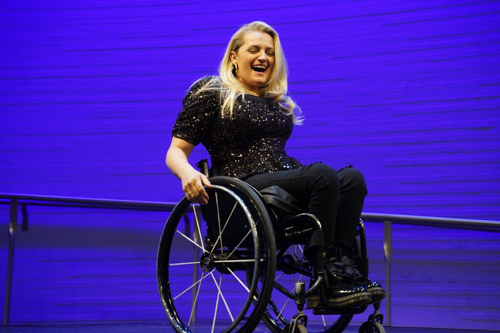 <h5>Ali Stroker, the Tony Award-winning actor and first wheelchair user to star on Broadway, at the Lewis Art complex on March 28, 2022.</h5>
<h6>Jon Sweeney / Lewis Center for the Arts.</h6>