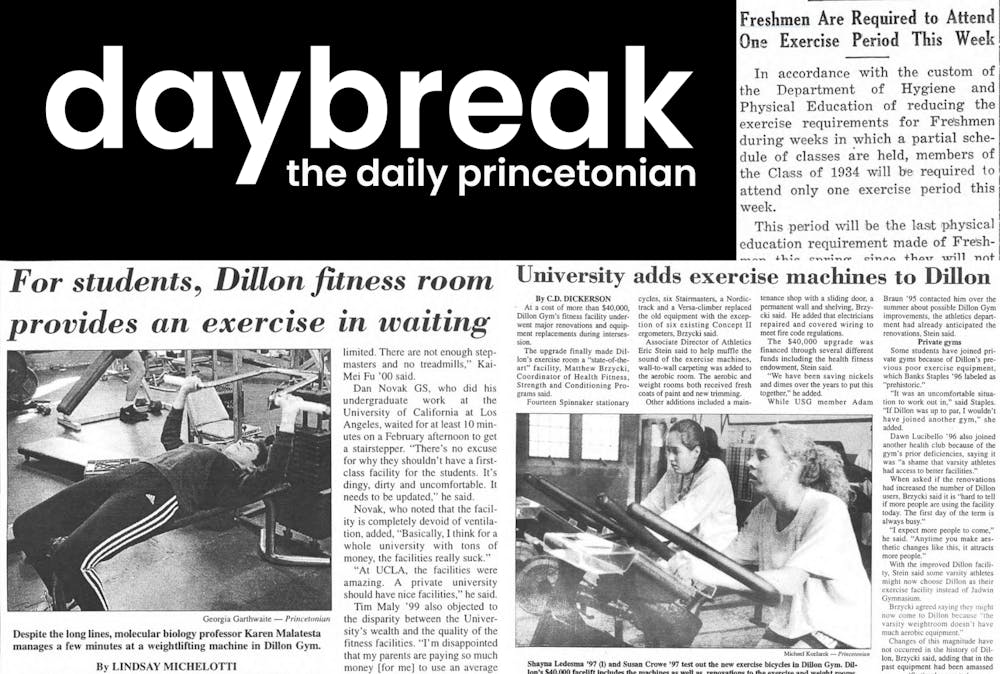 Compilation of newspaper articles, black on white text, about exercise equipment, long Dillon gym wait times and mandatory exercise. In the top left corner, a logo reads "daybreak daily princetonian"
