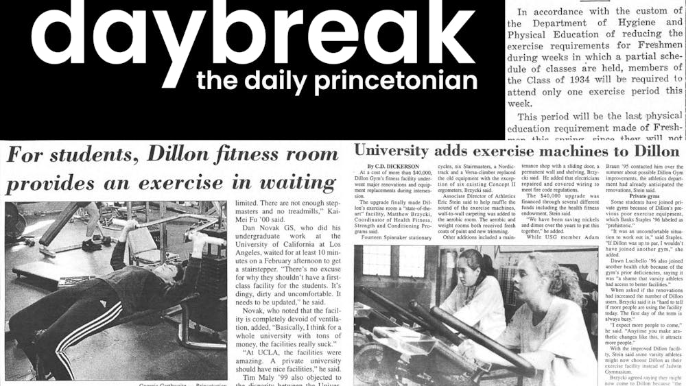 Compilation of newspaper articles, black on white text, about exercise equipment, long Dillon gym wait times and mandatory exercise. In the top left corner, a logo reads "daybreak daily princetonian"