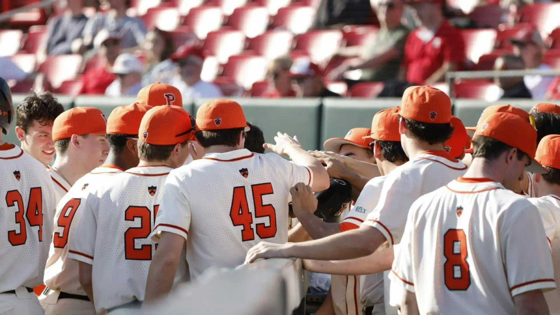 Princeton baseball players in white jerseys and orange baseball hats put their hands in a circle for a team chant.