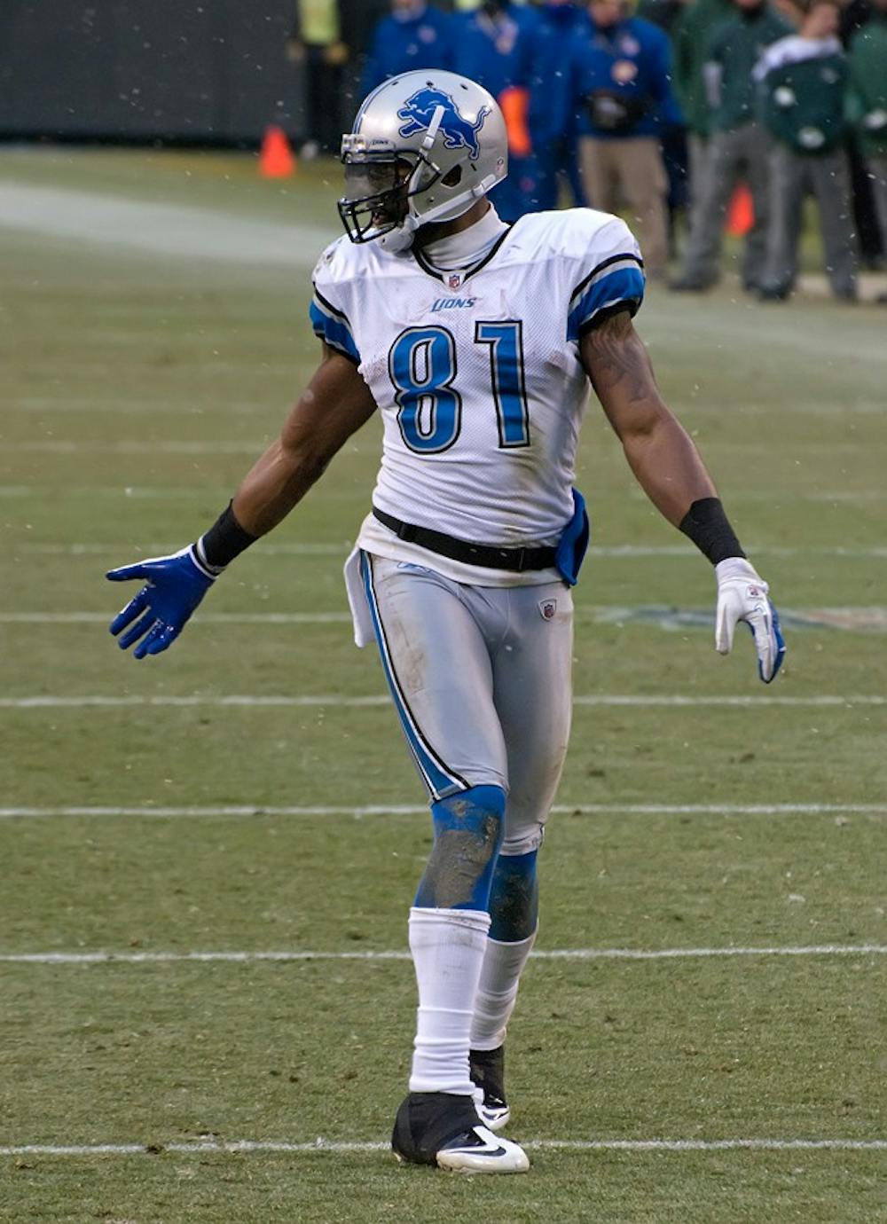 <p>Calvin Johnson takes the field for a play against the Green Bay Packers</p>
<h6>Photo Credit: Mike Morbeck via Wikimedia Commons&nbsp;</h6>