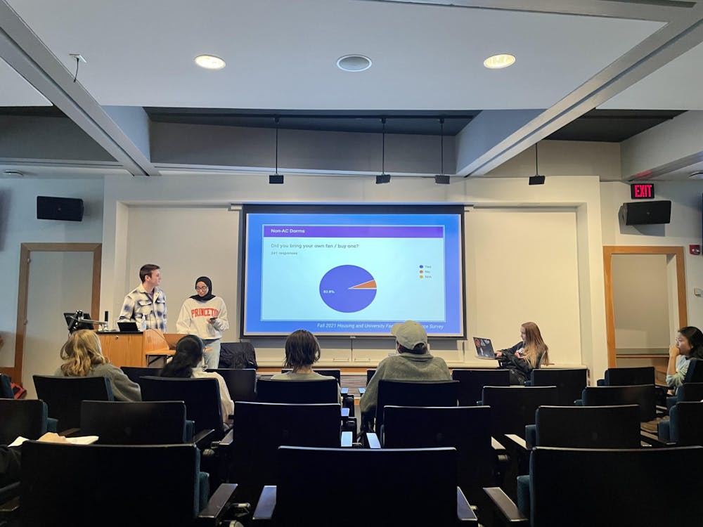 <h5>Senators&nbsp;Sean Bradley ’24 and Mariam Latif ’24 deliver a report on the Housing and Facilities Task Force's box fans initiative.</h5>
<h6>Annie Rupertus / The Daily Princetonian</h6>