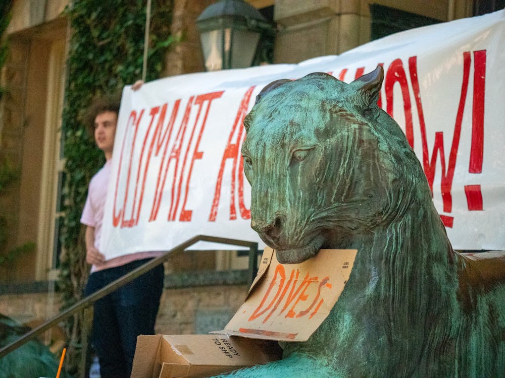 Banner with the slogan “Climate action now” is held by a person standing behind a tiger statue