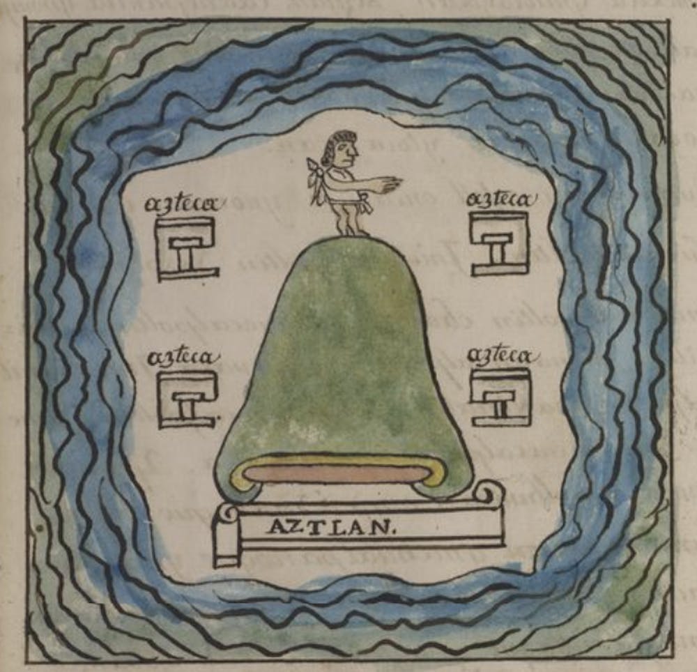 A historical Mesoamerican document depicting a man standing on a green hill, along with the words “Azteca” and “Aztlan.”