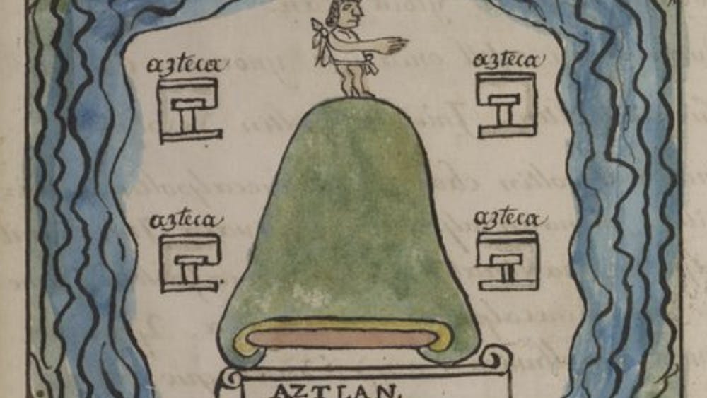 A historical Mesoamerican document depicting a man standing on a green hill, along with the words “Azteca” and “Aztlan.”