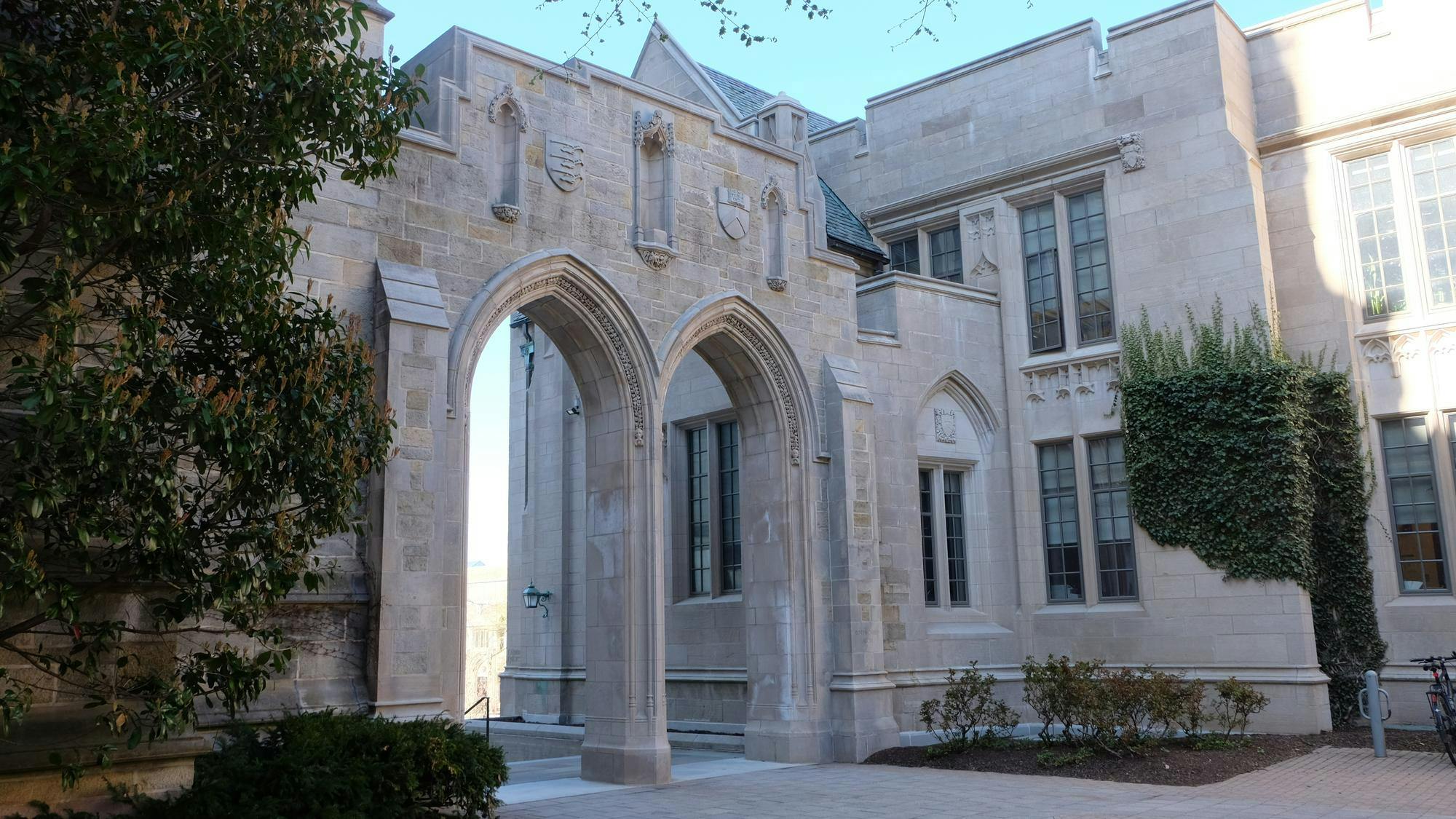 Rock gate between two buildings