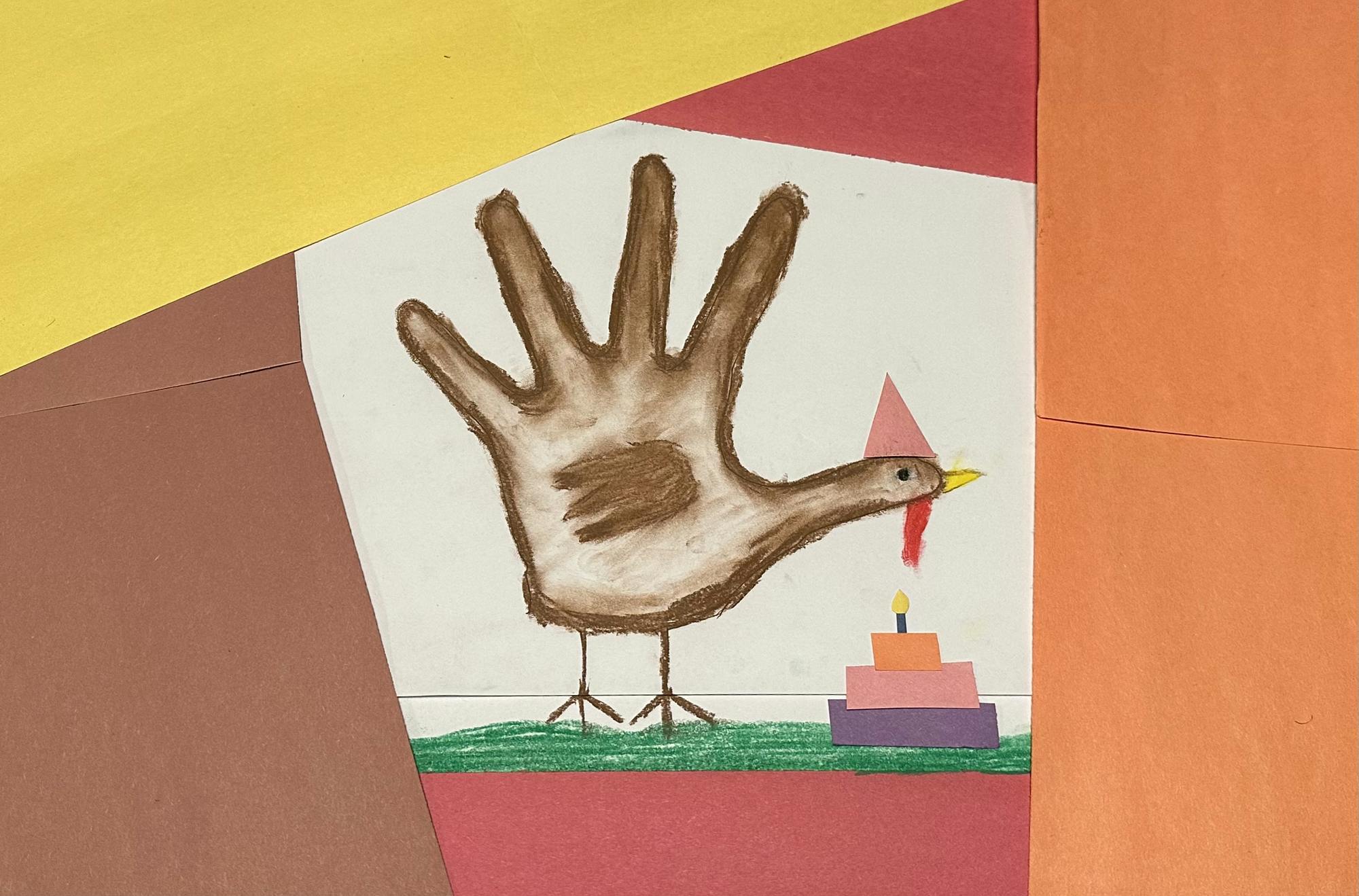 Drawing of a turkey in the shape of a hand.
