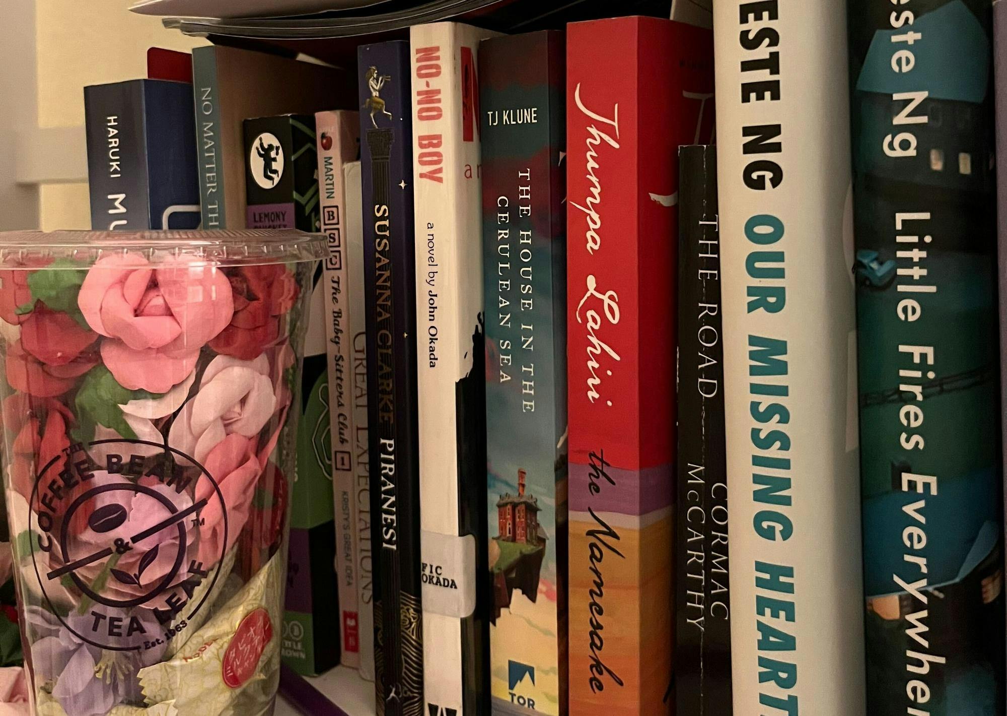 A row of books in a bookshelf. 