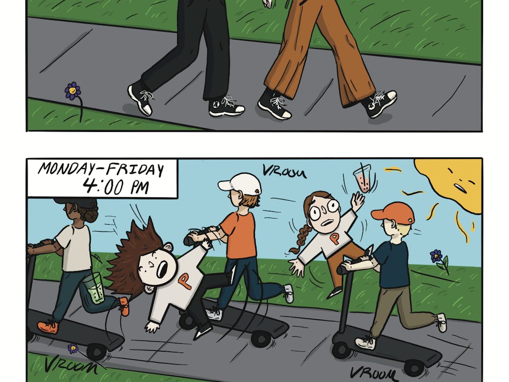 Panel 1: "Monday through Friday 3:59pm". Two friends walk down the sidewalk laughing with boba. The sun is shining. Panel 2: "Monday through Friday 4:00pm" Three students on scooters zoom by knocking the two friends into the air. Boba is flying. Panel 3: The two friends stand with shocked expressions. Their boba is spilled on the ground and they are covered in tire tracks. The end.