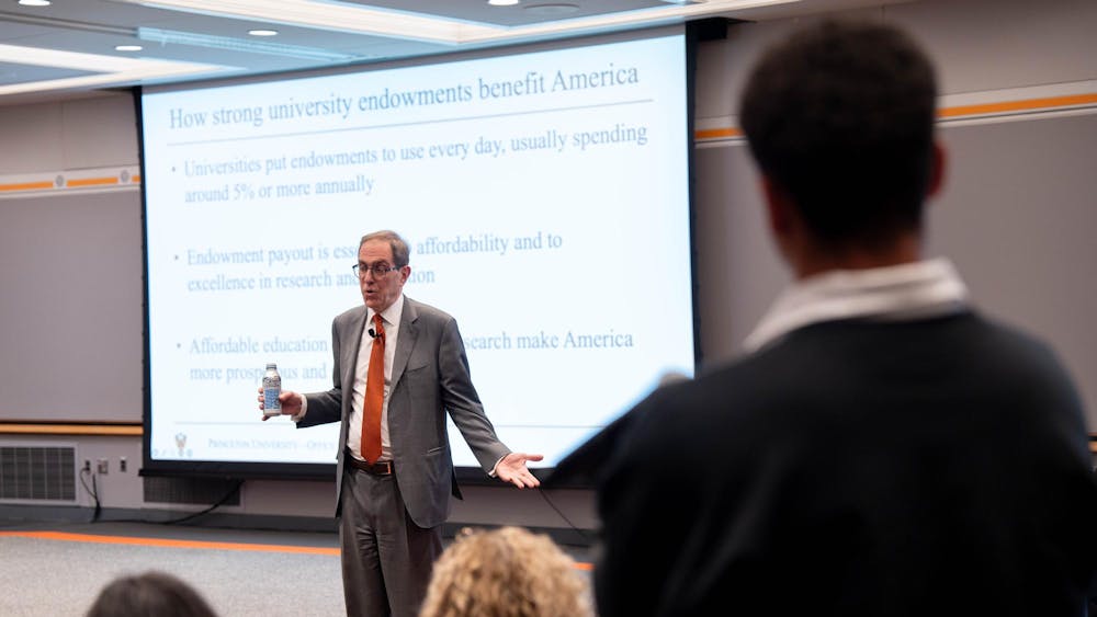 A man shrugs in front of a screen reading "how strong university endowments benefit America"