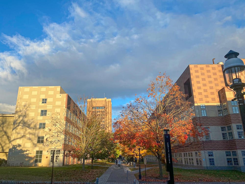 A bright walkway in the center sided by two brick buildings.