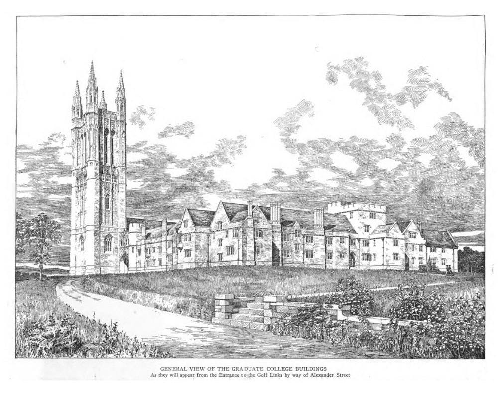 A black-and-white drawing depicting a row of low-rise gothic revival buildings, with one tower on the left-hand side. A path leads into the background and the surrounding area is covered in grass and sparse bushes. The original caption reads, "General View of the Graduate College Buildings As they will appear from the Entrance to the Golf Links by way of Alexander Street"
