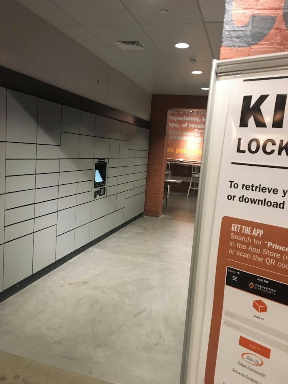 Self-service package lockers are located on the the 100 level of Frist Campus Center
