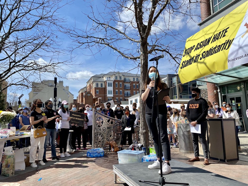 <h5>Jennifer Lee ’23 and Kesavan Srivilliputhur ’23, co-presidents of AASA, speaking at the rally.</h5>
<h6>Courtesy of Ben Chang</h6>