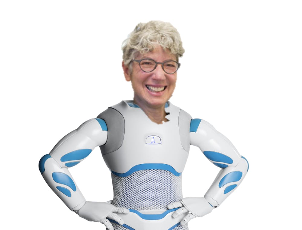 Photo of Dean of the College Jill Dolan's head photoshopped on the body of a futuristic robot.