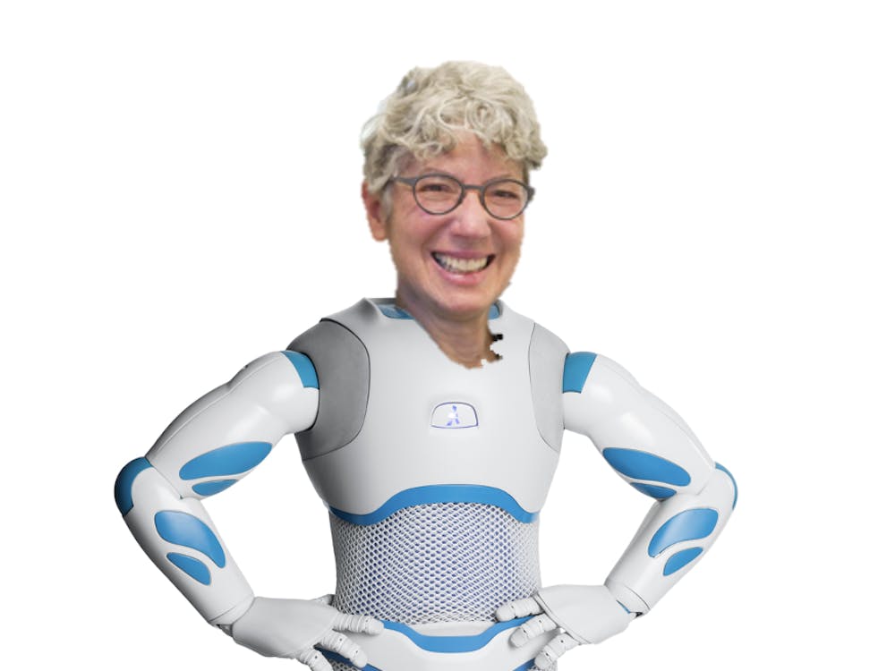 Photo of Dean of the College Jill Dolan's head photoshopped on the body of a futuristic robot.