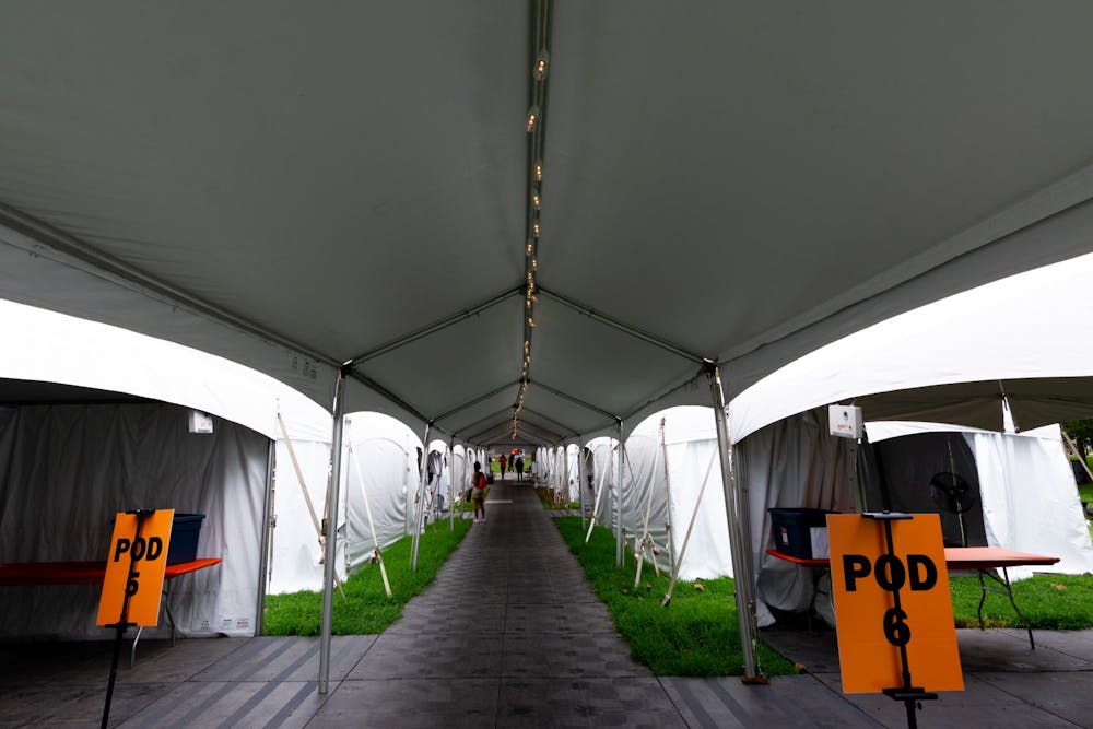 <h5>COVID-19 testing tents, set up on campus at the start of the fall</h5>
<h6>Julian Gottfried / The Daily Princetonian</h6>