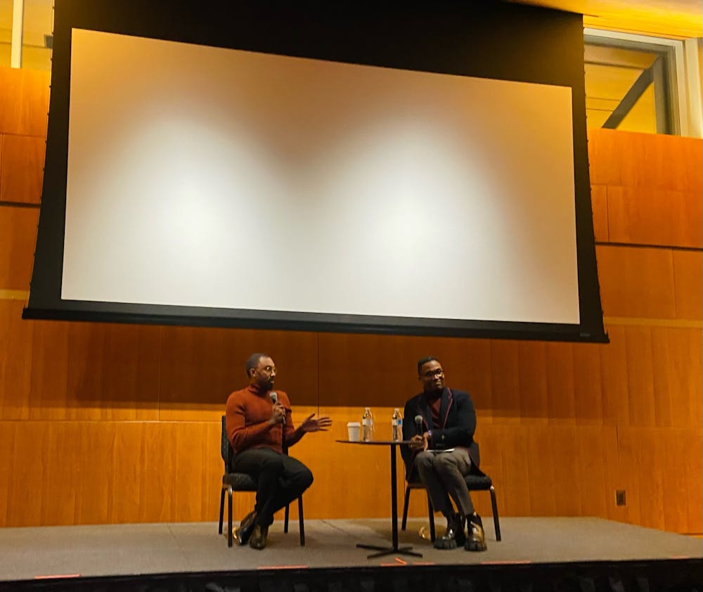 <h5>Johnson (left) in conversation with Professor Frederick Wherry</h5>
<h6>Michelle Miao / The Daily Princetonian</h6>