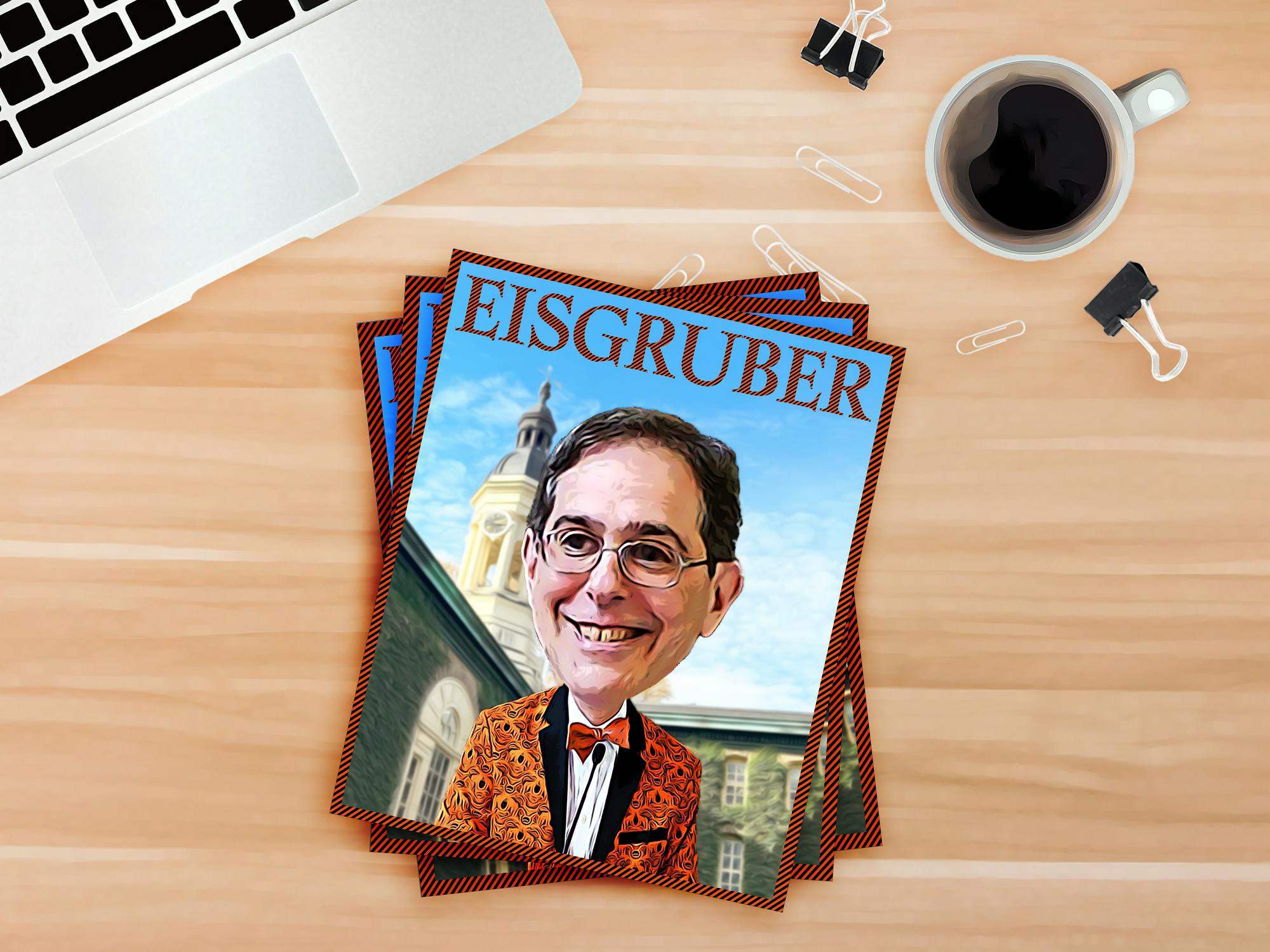 A magazine with a cartoon of Eisgruber at a lectern as he stands in front of Nassau Hall laying on a desk.
