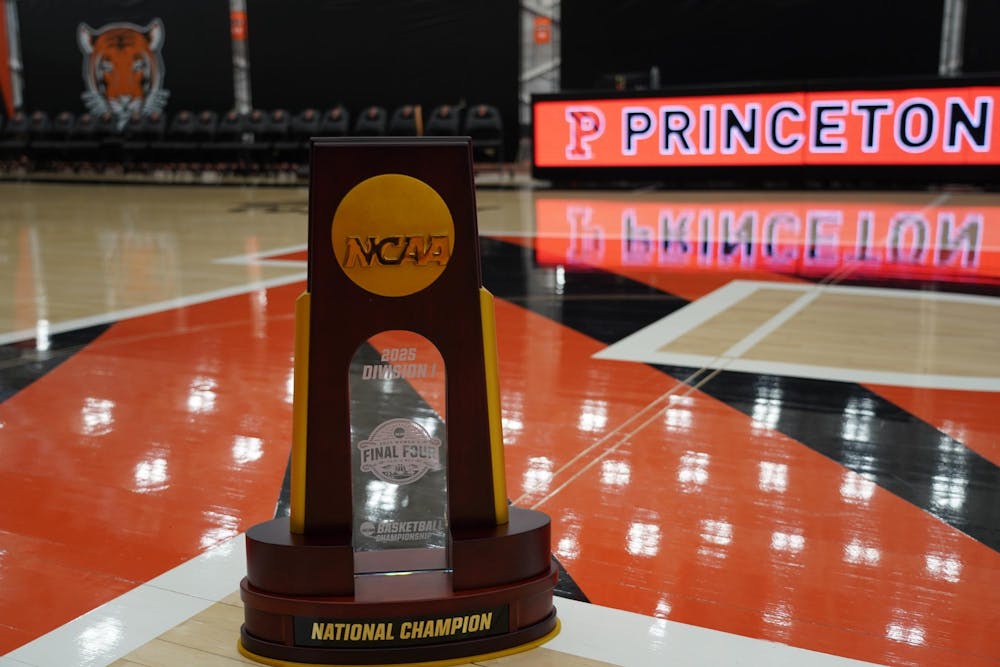 A trophy on display on a basketball court