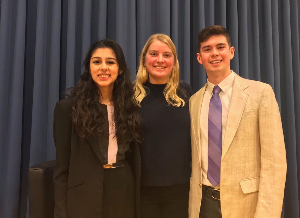 Left to right: USG Presidential Candidates, Zarnab Virk ’20, Electra Frelinghuysen ’20, and Nate Lambert ’20