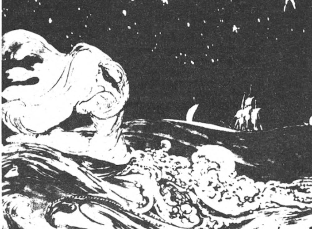 A painting that depicts a mystical female figure in a transparent white dress sitting on top of the churning and spuming billows, which are personified by some other anthropomorphic sea creatures. In the distant background, a few antiquated sailing ships are roaming under the starry night sky.