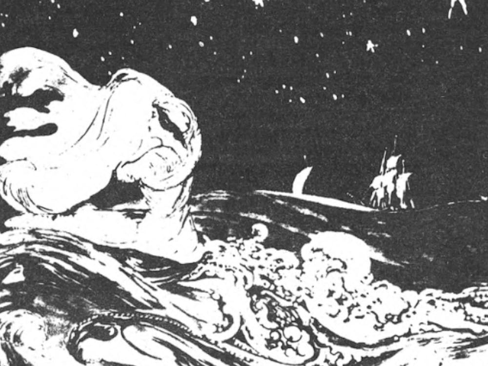 A painting that depicts a mystical female figure in a transparent white dress sitting on top of the churning and spuming billows, which are personified by some other anthropomorphic sea creatures. In the distant background, a few antiquated sailing ships are roaming under the starry night sky.