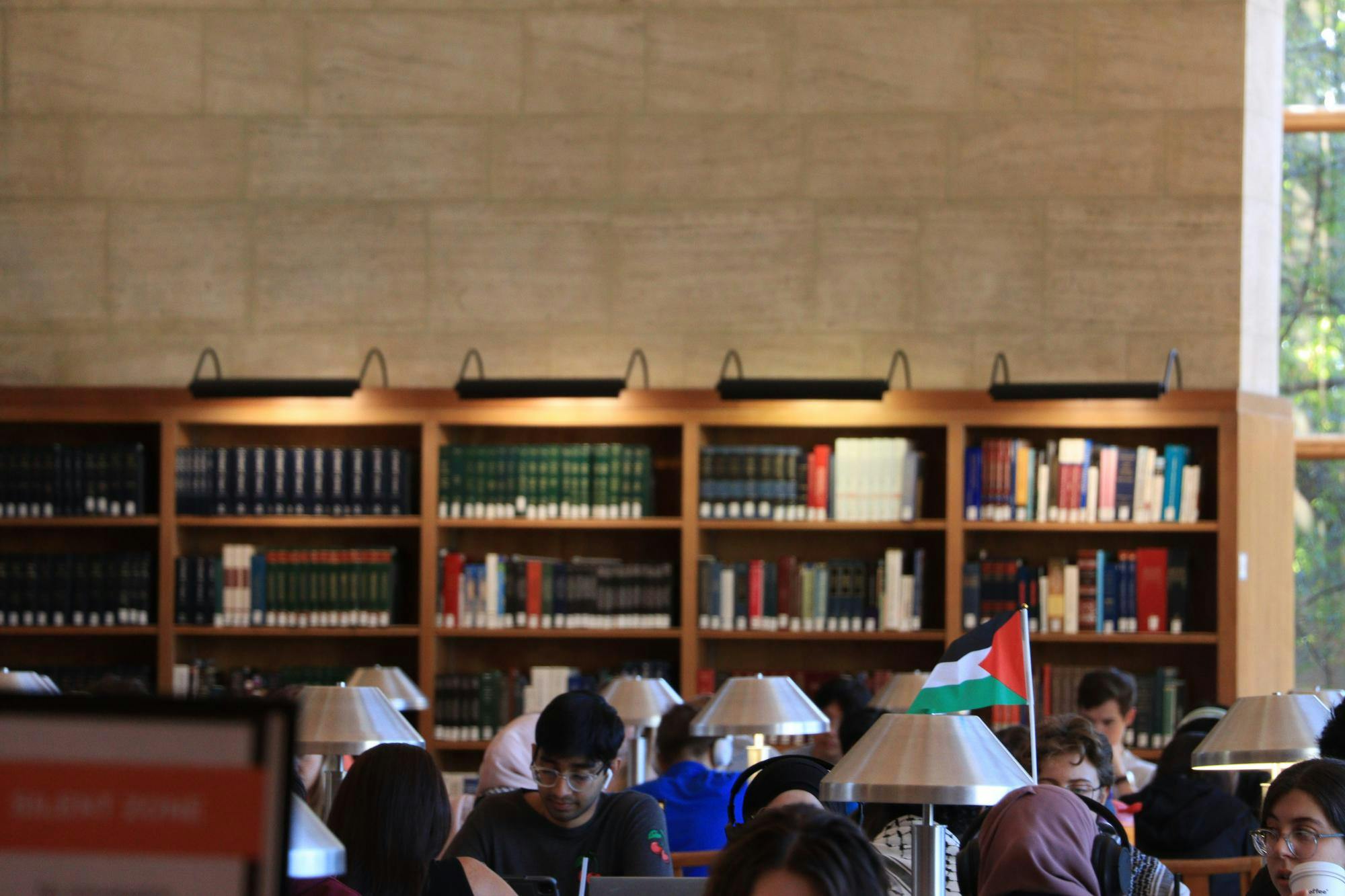 A red, black, white and green flag attached to a silver lamp amid a sea of ​​heads of people studying at tables