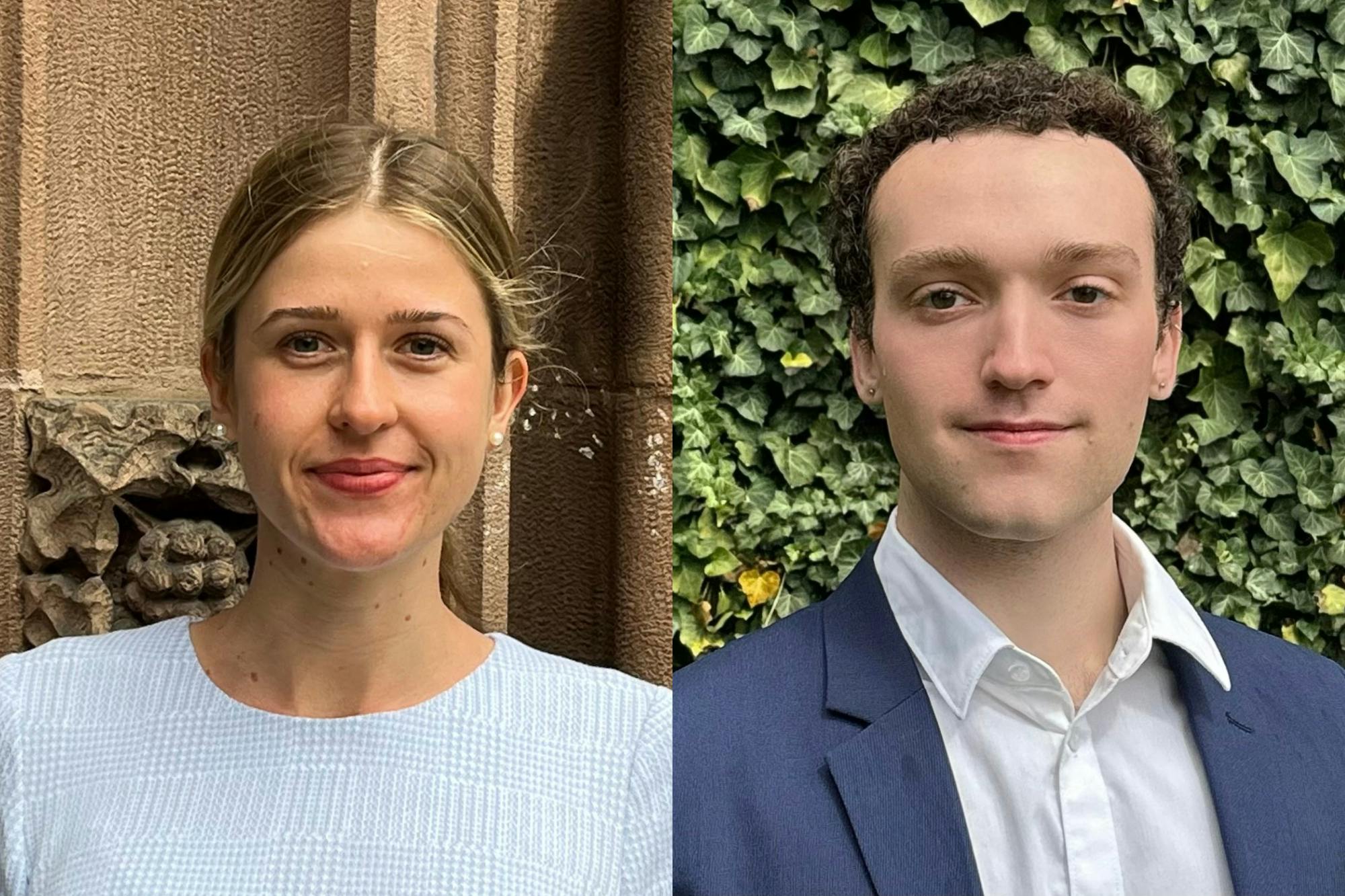 Two close-up shots. On the left, a young white woman with blonde hair smiles at the camera. On the right, a young white man with brown hair smiles at the camera.